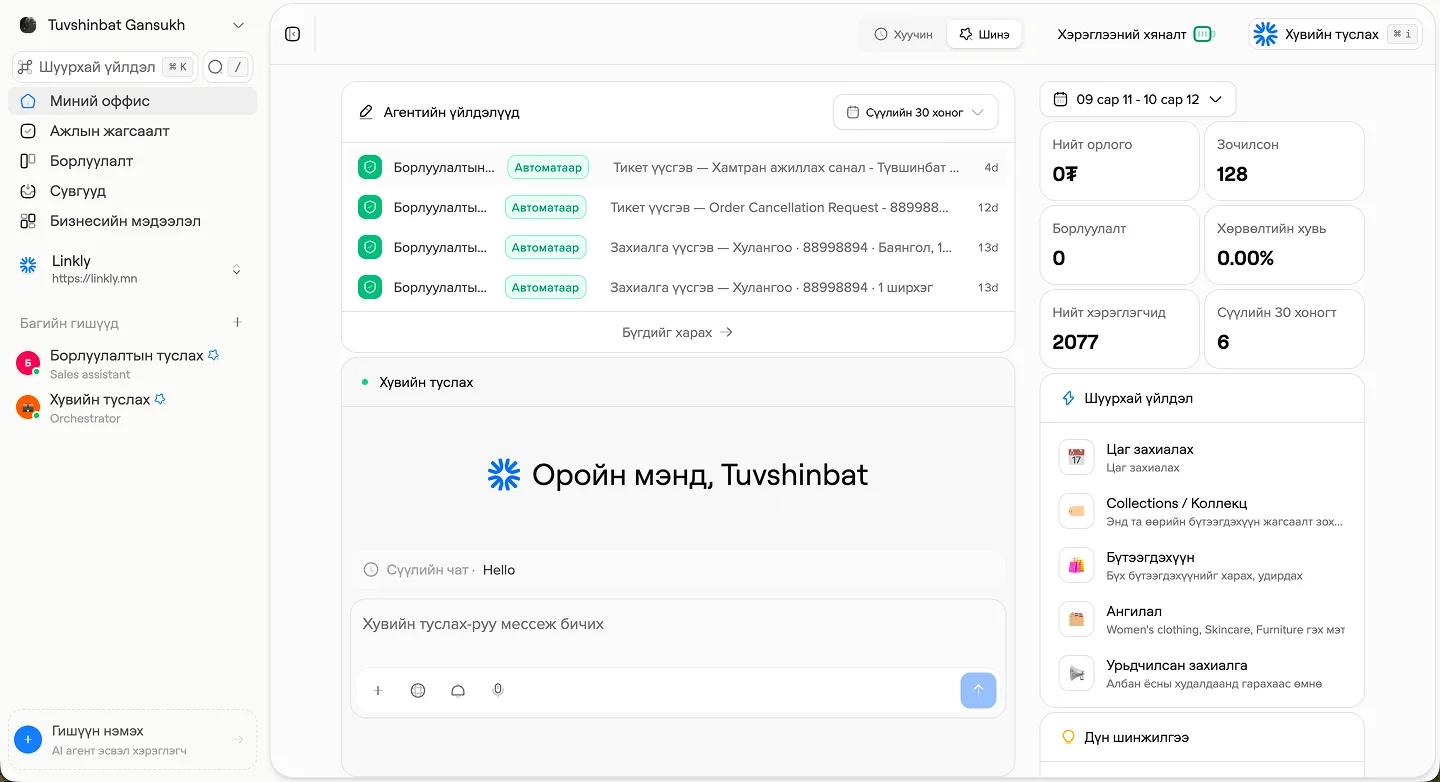 Linkly-ийн «Миний оффис» самбар: агентуудын автоматаар хийсэн ажлууд, Хувийн туслахтай чат, орлого болон зочдын үзүүлэлт